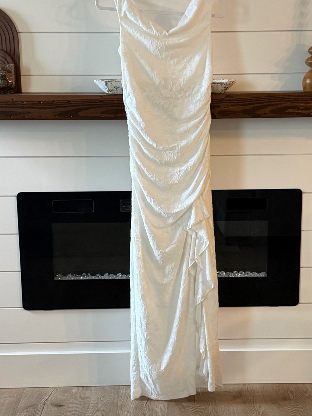 Altar'd State Ivory Cowl Neck Ruched Maxi Dress with Ruffle